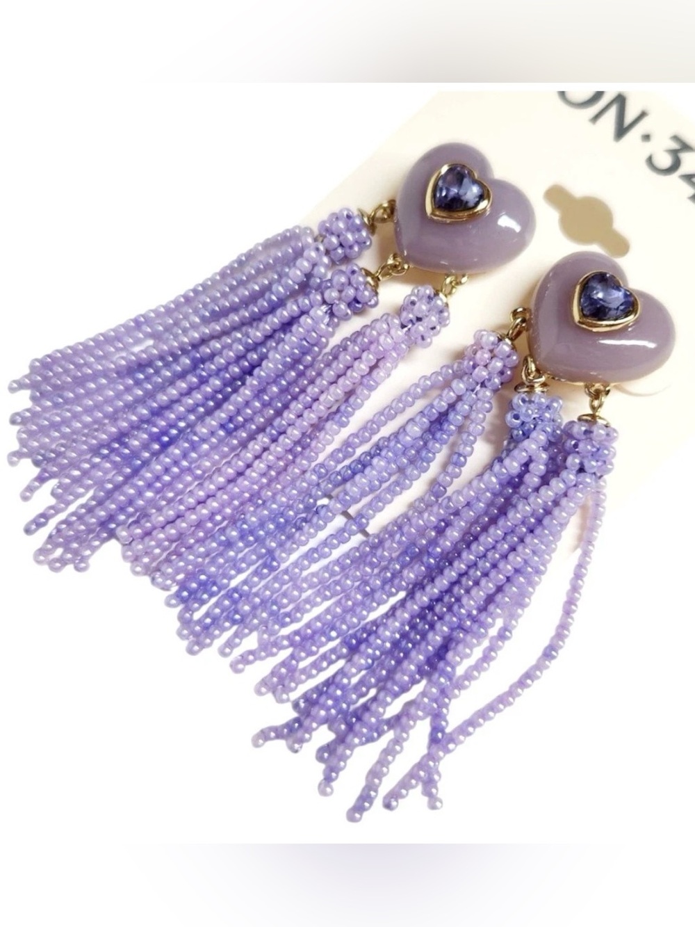 ON 34th Lavender Crystal Heart Beaded Tassel Statement Earrings